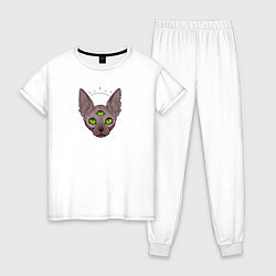 Пижама хлопковая женская Просветленный трехглазый кот, цвет: белый