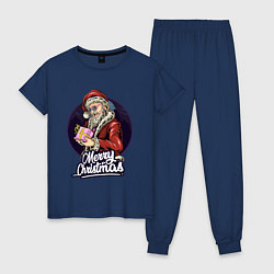Пижама хлопковая женская Санта с подарком, цвет: тёмно-синий