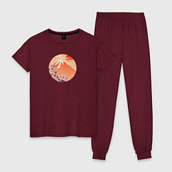 Пижама хлопковая женская Ветвь сакуры и вулкан, цвет: меланж-бордовый