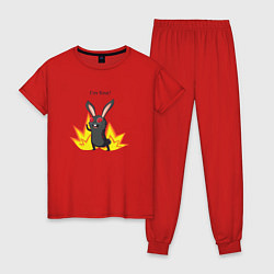 Пижама хлопковая женская Черный кролик I am fine мем, цвет: красный