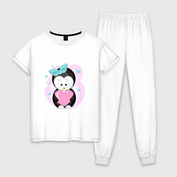 Пижама хлопковая женская Пингвин с сердцем, цвет: белый