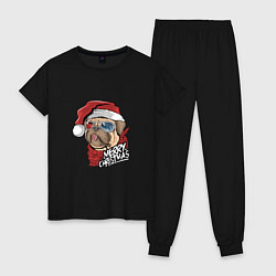 Пижама хлопковая женская Pug merry christmas, цвет: черный