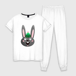 Пижама хлопковая женская Черный кролик и новогодняя ёлка, цвет: белый