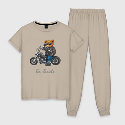 Пижама хлопковая женская Крутой мотоциклист медведь, цвет: миндальный