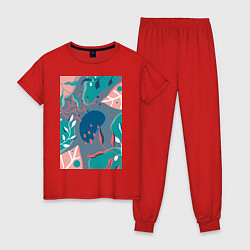 Пижама хлопковая женская Растительный узор в стиле ретро-футуризм, цвет: красный