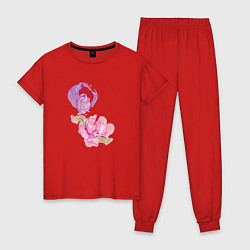 Пижама хлопковая женская Абстрактная рука и цветок, цвет: красный