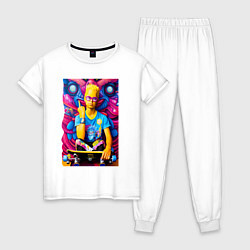 Пижама хлопковая женская Барт Симпсон и скейтборд - нейросеть - граффити, цвет: белый