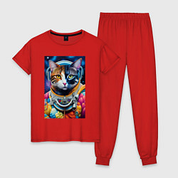 Пижама хлопковая женская Котёнок космонавт - нейросеть, цвет: красный
