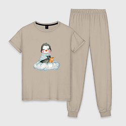 Пижама хлопковая женская Пингвин на облаке, цвет: миндальный