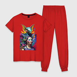 Пижама хлопковая женская Girl and alien - neural network - art, цвет: красный