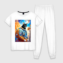 Пижама хлопковая женская Котяра крутой космонавт - нейросеть, цвет: белый