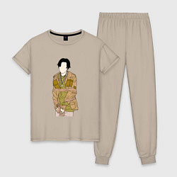 Пижама хлопковая женская Юнги из BTS, цвет: миндальный