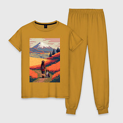 Пижама хлопковая женская Девушка, выгуливающая собаку на полях Японии, цвет: горчичный