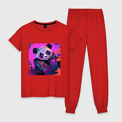 Пижама хлопковая женская Аниме панда в лучах неона, цвет: красный