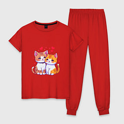 Пижама хлопковая женская Влюбленные котята рисунок, цвет: красный