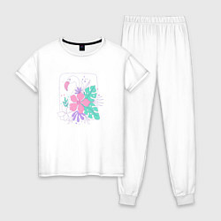 Пижама хлопковая женская Фламинго в цветах, цвет: белый
