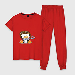 Пижама хлопковая женская Пингвин в шапке лётчика, цвет: красный