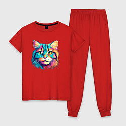 Пижама хлопковая женская Красивый кислотный кот улыбается, цвет: красный