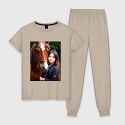 Пижама хлопковая женская Девочка с лошадью, цвет: миндальный