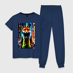 Пижама хлопковая женская Модная лисичка в ночном городе, цвет: тёмно-синий