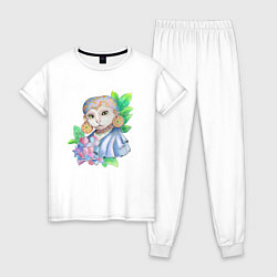 Пижама хлопковая женская Восточная киса, цвет: белый