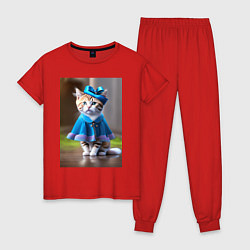 Пижама хлопковая женская Кошка в голубом платье, цвет: красный