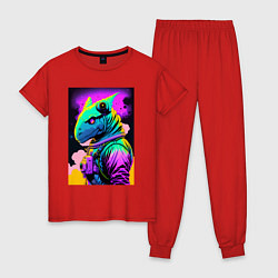 Пижама хлопковая женская Dino astronaut - neural network, цвет: красный