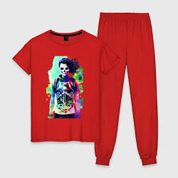 Пижама хлопковая женская Крутая чувиха - скелет - акварель, цвет: красный
