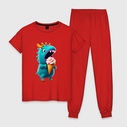 Пижама хлопковая женская Монстр и мороженое, цвет: красный
