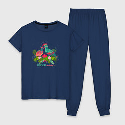 Пижама хлопковая женская Влюбленные попугаи среди тропических листьев, цвет: тёмно-синий