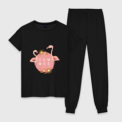 Пижама хлопковая женская Два розовых фламинго, цвет: черный