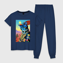 Пижама хлопковая женская Модный кот - ретро - нейросеть, цвет: тёмно-синий