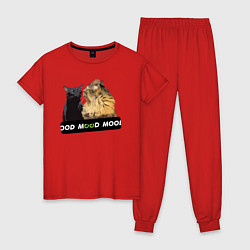 Пижама хлопковая женская Черный и рыжий кот - Mood, цвет: красный