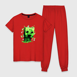 Пижама хлопковая женская Крипер - Майнкрафт, цвет: красный
