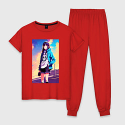 Пижама хлопковая женская Прикольная девчонка с черепом на футболке - аниме, цвет: красный