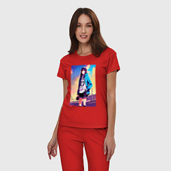 Пижама хлопковая женская Прикольная девчонка с черепом на футболке - аниме, цвет: красный — фото 2