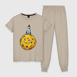 Пижама хлопковая женская Ракета на луне, цвет: миндальный