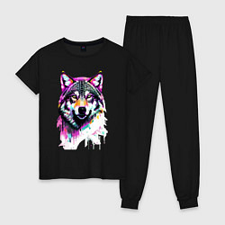 Пижама хлопковая женская Волчья морда - поп-арт - цвет, цвет: черный