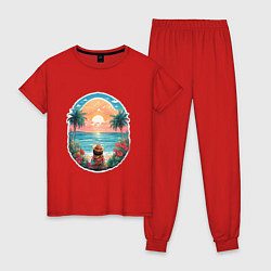 Пижама хлопковая женская Прекрасный закат на море, цвет: красный