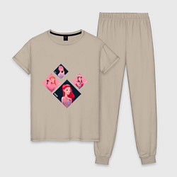 Пижама хлопковая женская Хаотичные арты участниц Блэк Пинк, цвет: миндальный