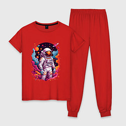 Пижама хлопковая женская Космонавт в открытом космосе среди планет, цвет: красный