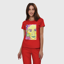 Пижама хлопковая женская Женский портрет с полевыми цветами, цвет: красный — фото 2