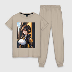 Пижама хлопковая женская Стимпанк девушка аниме, цвет: миндальный
