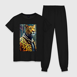 Пижама хлопковая женская Крутой леопард житель мегаполиса, цвет: черный