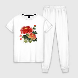 Пижама хлопковая женская Красные хризантемы, цвет: белый