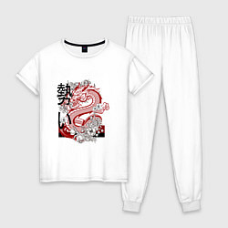 Пижама хлопковая женская Татуировка с японским иероглифом и драконом, цвет: белый