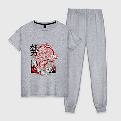 Пижама хлопковая женская Татуировка с японским иероглифом и драконом, цвет: меланж