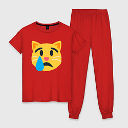 Пижама хлопковая женская Жёлтый котик грустит, цвет: красный