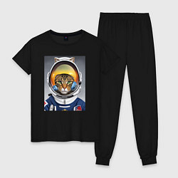 Пижама хлопковая женская Кот в костюме астронавта, цвет: черный