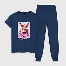 Пижама хлопковая женская Кролик в цветах надпись, цвет: тёмно-синий